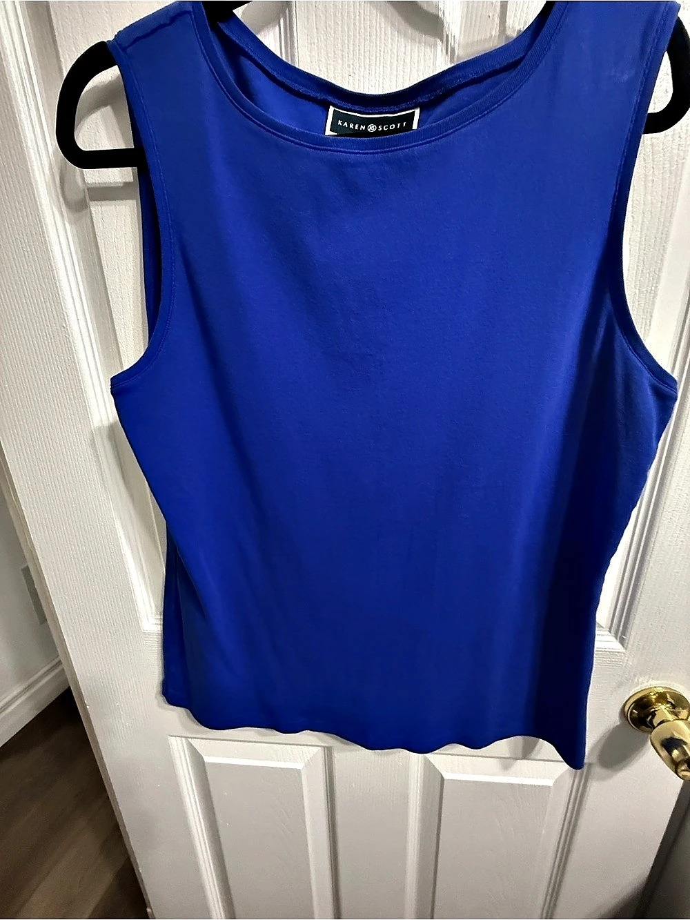 Karen Scott Solid Cotton Tank Top in Blue XL